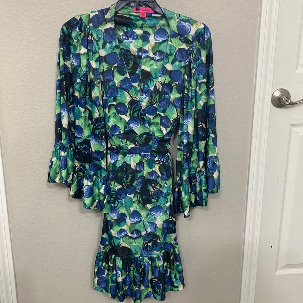 Betsey Johnson Kimono Long Sleeve Blue Green Dress Size M